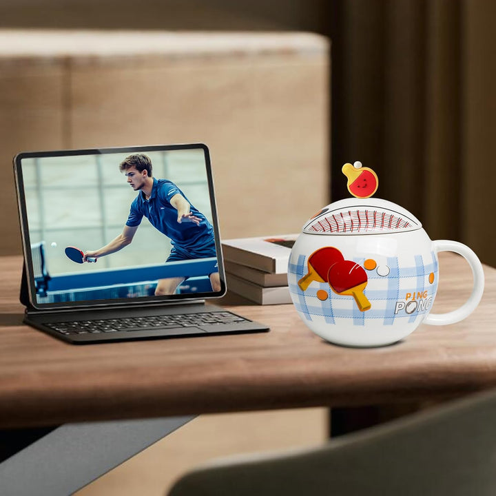 Lustige Tischtennis Kaffeetasse, Pingpong Keramik Becher, Ballform Cappuccino Tassen mit Deckel, Ges