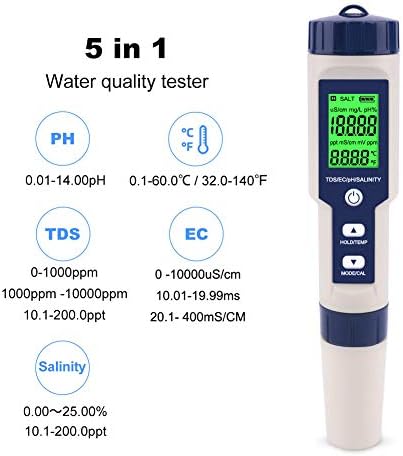 EZ-9909 5 in 1 PH-Messgerät Funktion Wasserqualitäts-Messgerät PH-Salinität EC-Tester mit LCD-Hinter