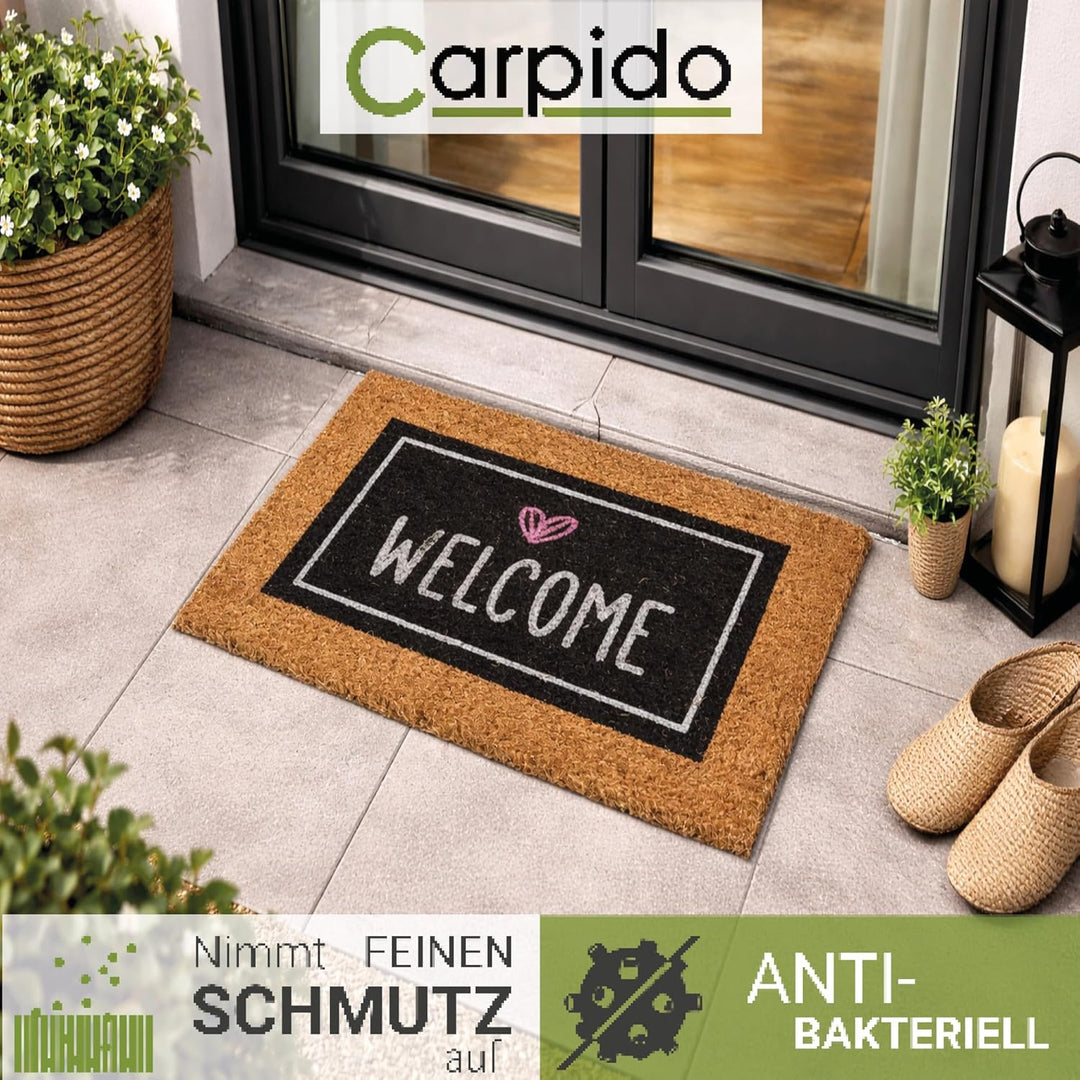 Carpido Fussmatte Kokos Welcome Herz schwarz - Türmatte 2er Set 40 x 60 cm - antibakterielle Eingang