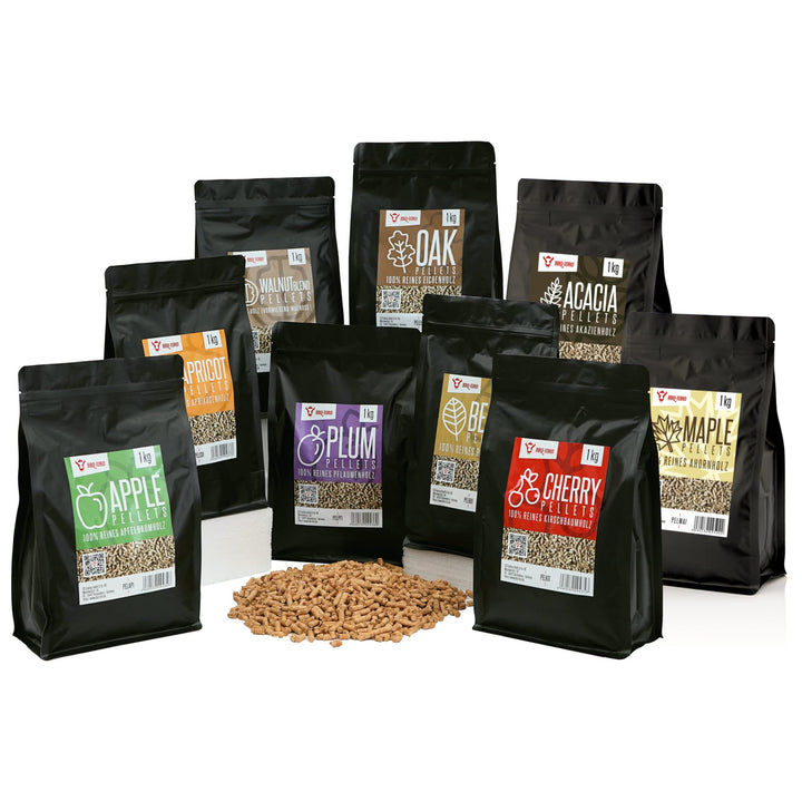 BBQ-Toro Pellets Set aus 100% Holz | Auswahl aus 9 Sorten à 1 kg | Smokerpellets für Grill, Smoker,