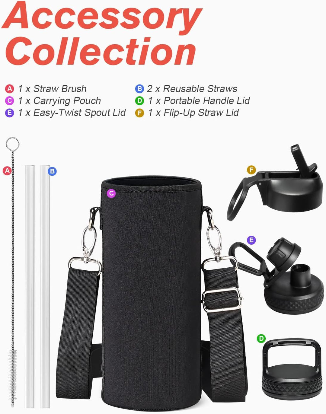 Coolflask Wasserflasche, 1.2 l, isoliert mit Strohhalm und Bürste, Coolflask Vakuum Edelstahl Metall