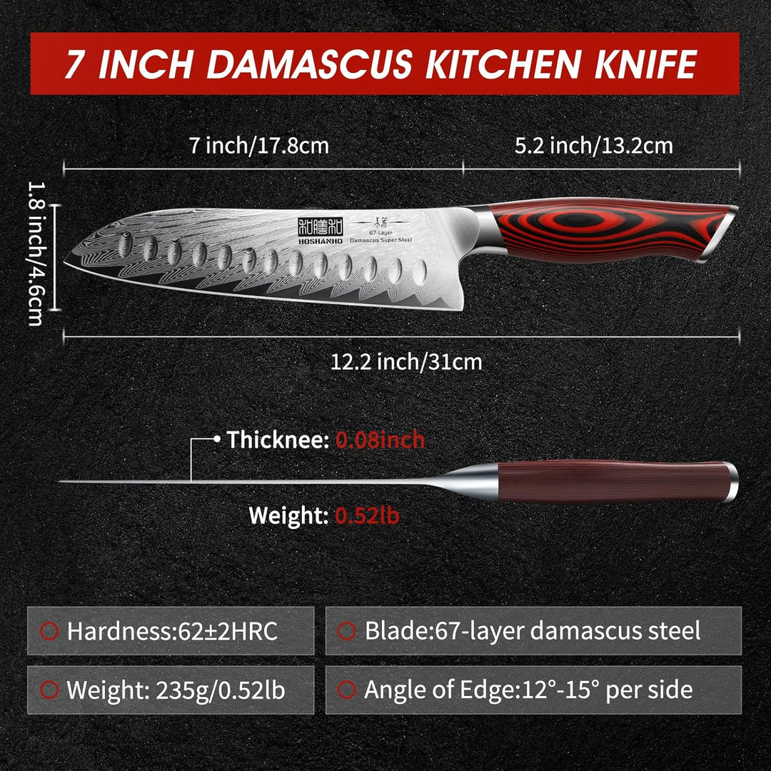 HOSHANHO Damaszener Santokumesser, professionelles 7-Zoll-Küchenmesser, ultrascharfes Santoku-Kochme