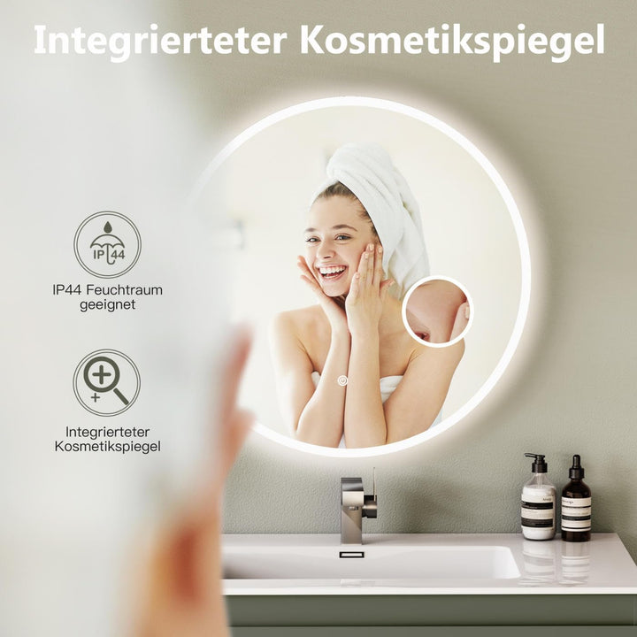 HOKO® Runder LED Badspiegel 80cm Hamburg. Designspiegel mit KOSMETIKSPIEGEL 3-Fach, Bad Spiegel LED