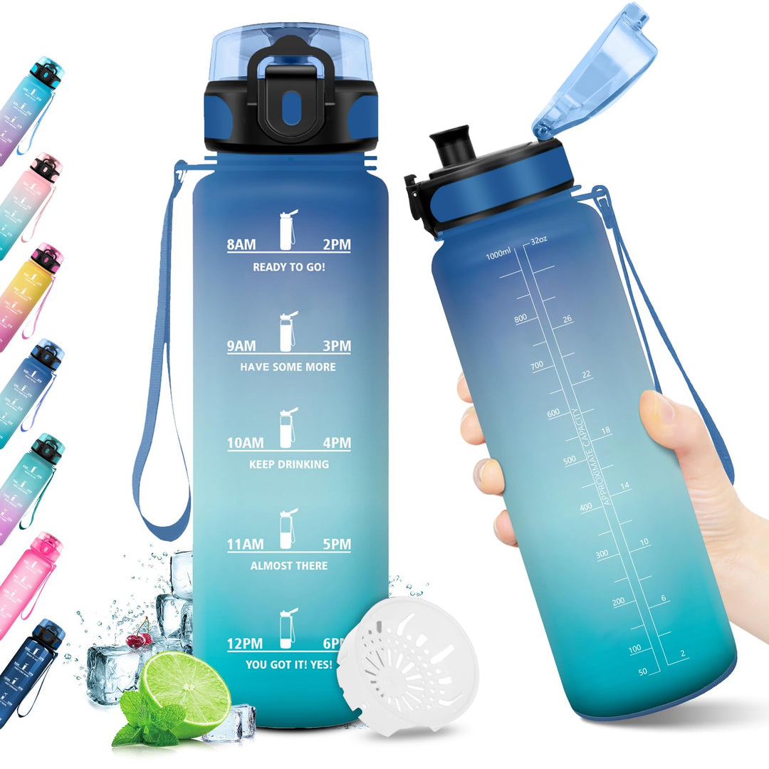 KollyKolla Trinkflasche Kohlensäure Geeignet, 500ml/1L/1.5L, Sport Trinkflasche mit Zeitmarkierung,