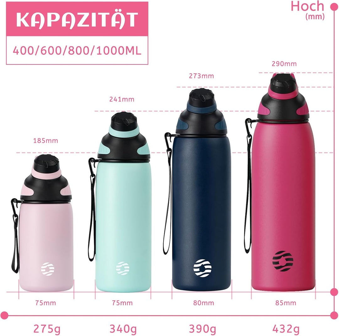 Fjbottle Edelstahl Trinkflasche Sport mit Magnetischem Deckel 1L, 800ml, 600ml, 400ml BPA-Frei Ausla