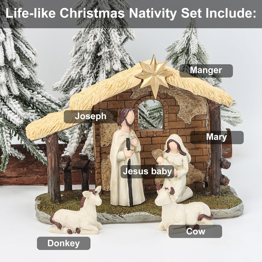 Topsky Krippenfiguren Set – Weihnachtskrippe mit Beleuchtung, 5pcs Krippenset Handbemalt – Weihnacht