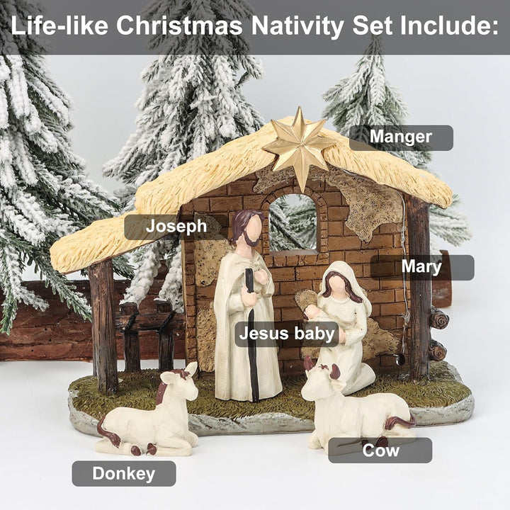 Topsky Krippenfiguren Set – Weihnachtskrippe mit Beleuchtung, 5pcs Krippenset Handbemalt – Weihnacht