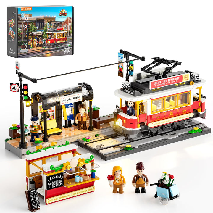 Lumibricks Heritage-Strassenbahn und -Haltestelle Bausatz mit Licht, Vintage-Dekor,kompatibel mit Mo