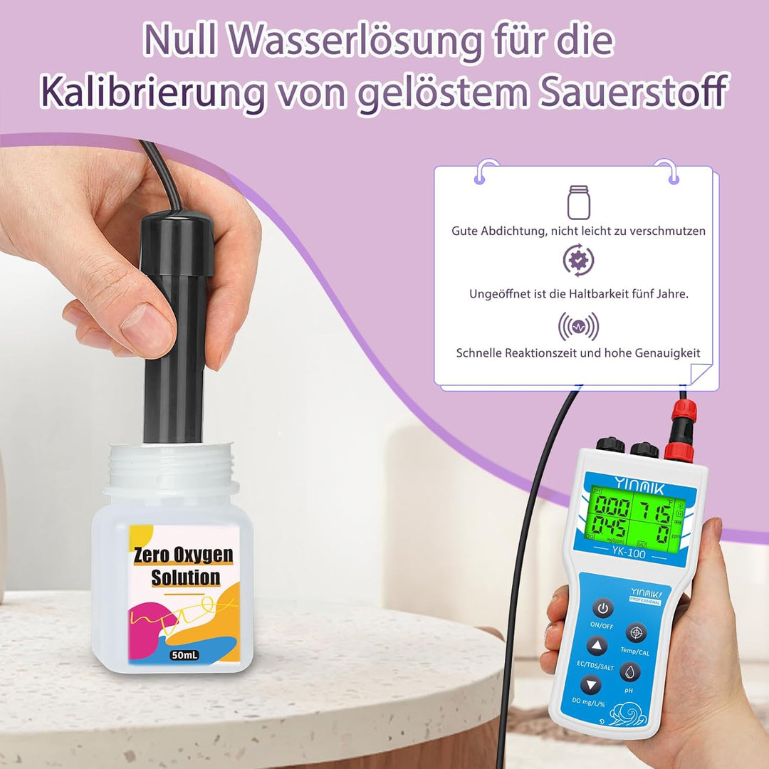 Zubehör für das Testkit für gelösten Sauerstoff: 1 x 50 ml Null-Sauerstoff-Kalibrierungsreagenz, 2 x