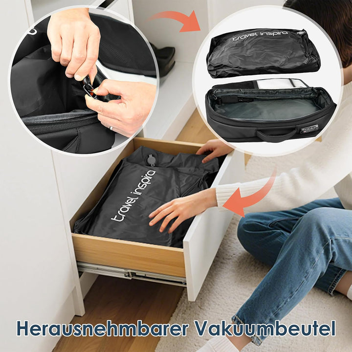 travel inspira Vakuum Rucksack mit TSA-Schloss 65L Rucksack 17.3 Zoll Laptopfach Flugzeug Handgepäck