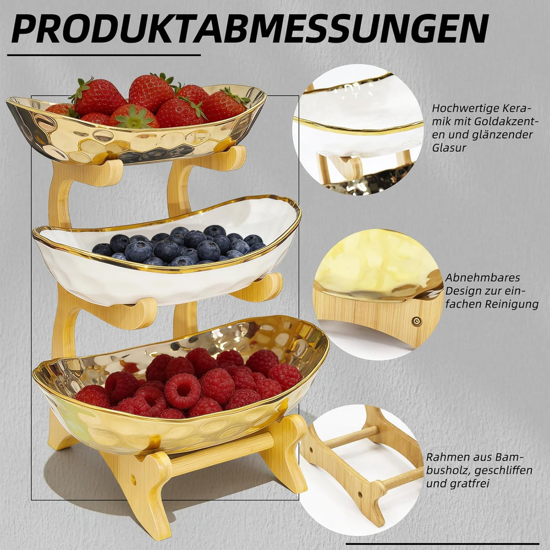 Dreistöckiges Obstregal, Obstschale, Keramik, Bambusfuss. Moderne Obstschale für die Küche zum Präse
