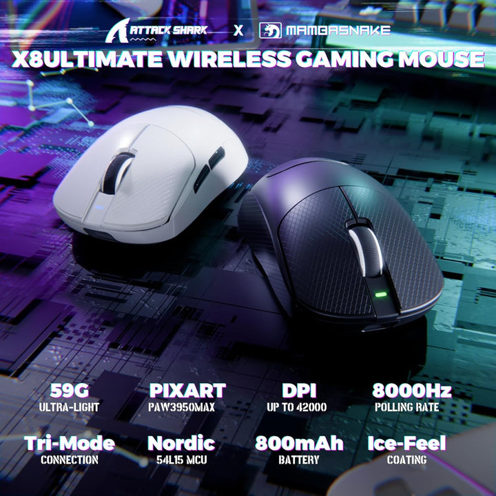 MAMBASNAKE X ATTACKSHARK X8ULTIMATE Kabellose Gaming-Maus&Grip Tape,PAW3950MAX Sensor,8K Abtastrate,
