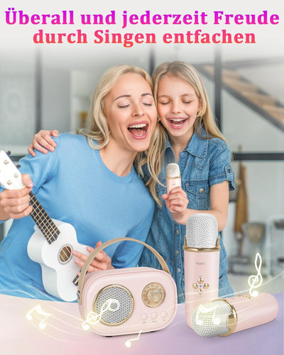 PRUNUS Karaoke Maschine Kinder mit 2 Mikrofonen, Mini Karaoke Set mit Stereosound und Heavy Bass für