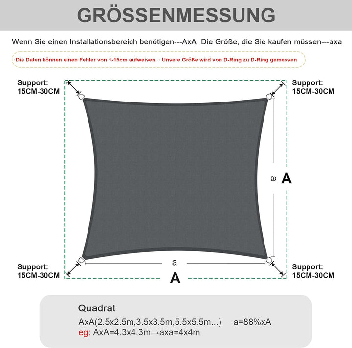 HENG FENG Sonnensegel Rechteckig Quadratisch 2x2m Wasserdicht PES Polyester Sonnenschutz Windschutz