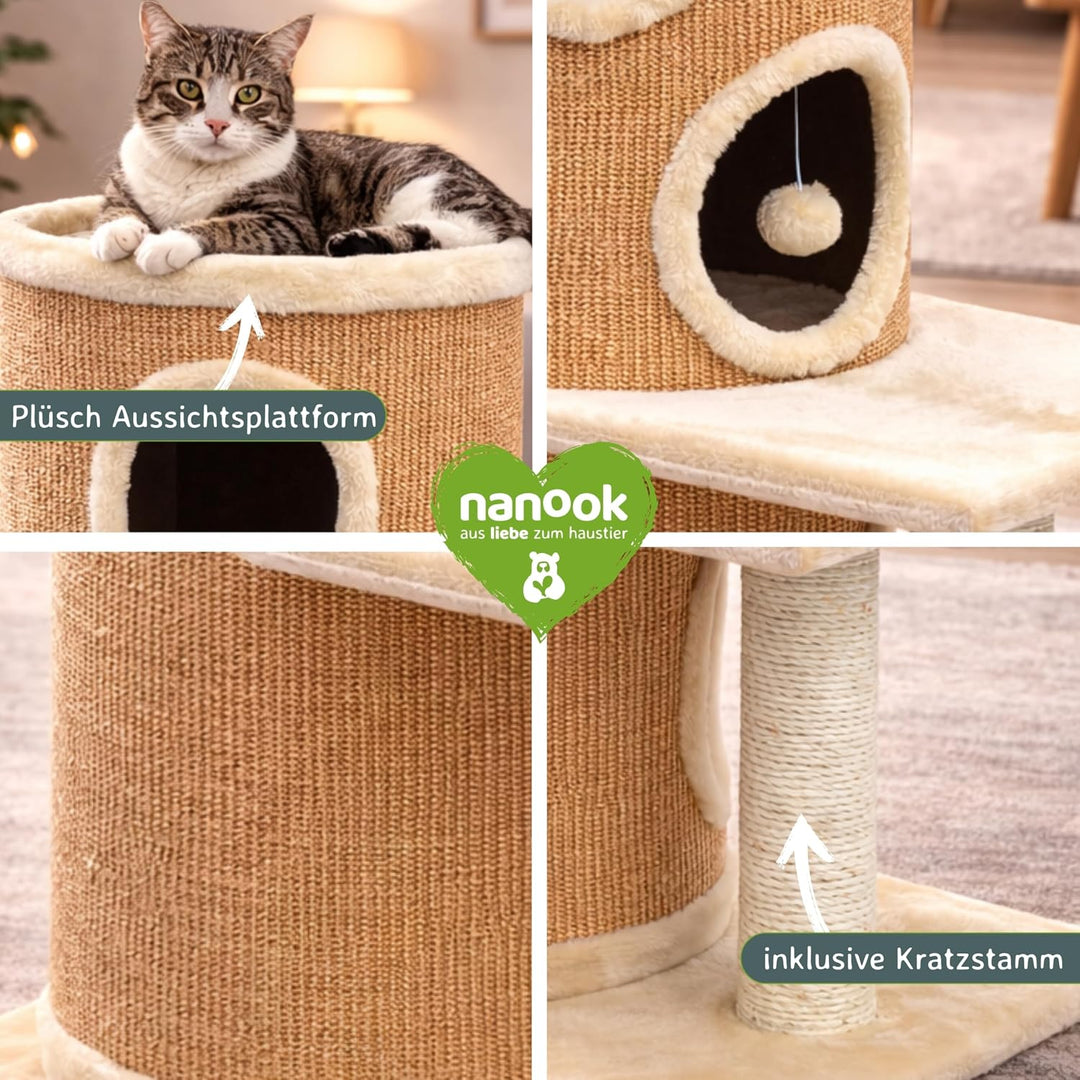 nanook Casimir Kratztonne Kratzbaum XL Katzenhöhle, standfest mit 3 Etagen, seitlicher Sitzplatz mit