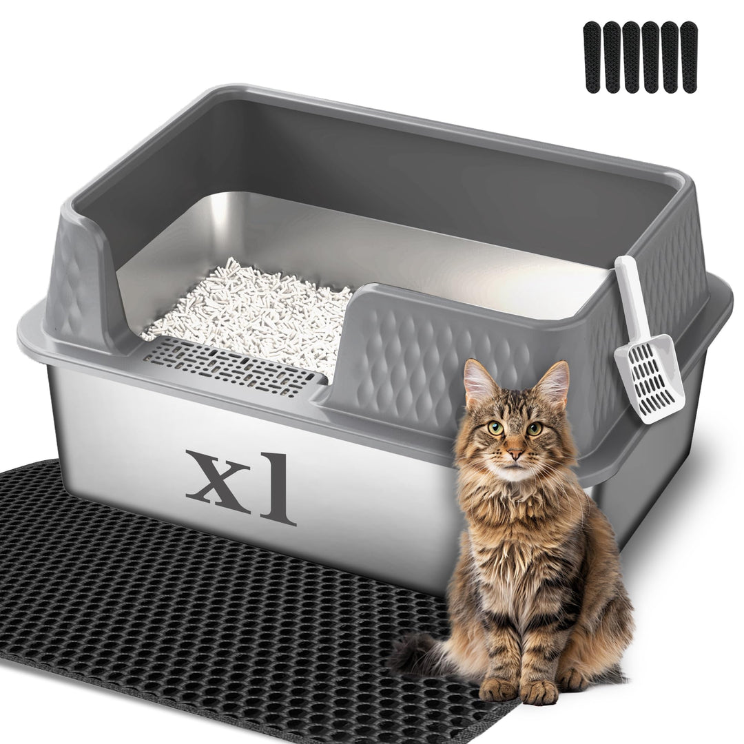 Suhaco Edelstahl Katzenklo mit Deckel Matte und Schaufel für katzentoilette Hohe Seiten XL Leicht Zu