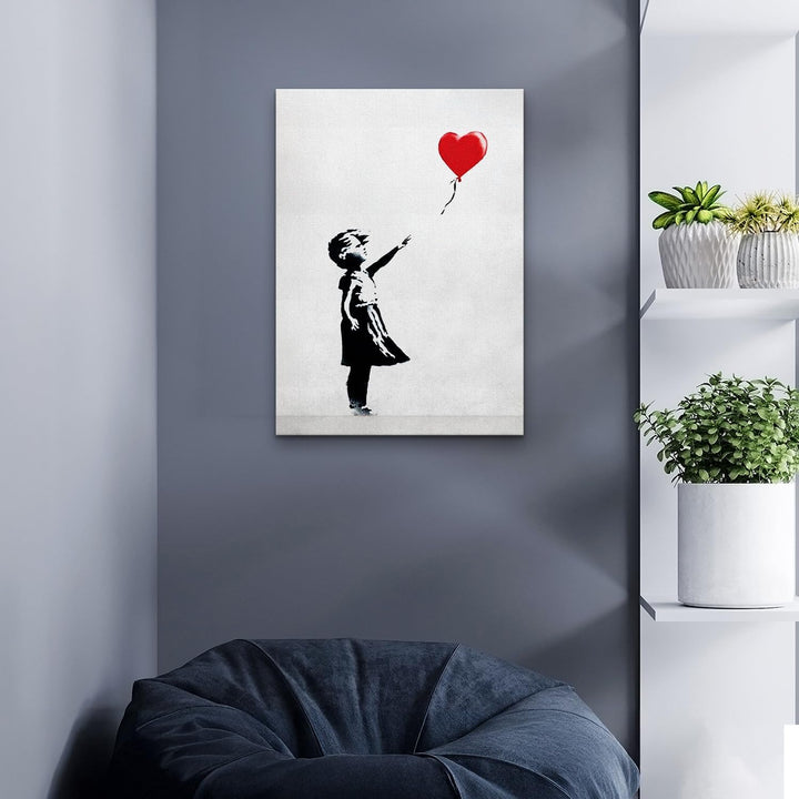 Giallobus - Gemälde - Banksy - - Standardleinwand - 70x100-07 - Baby Mädchen roter Herzballon - Bere