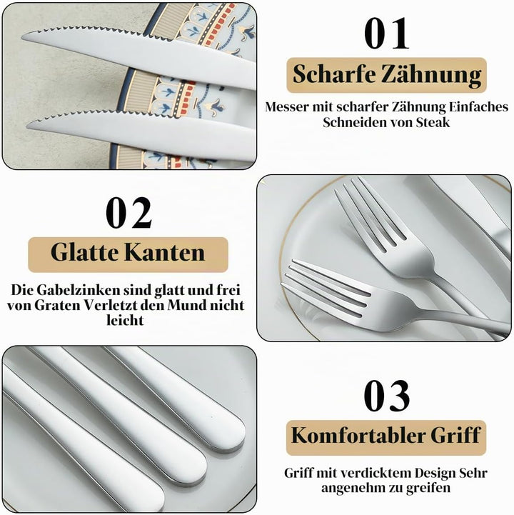 Evanda Steakbesteck 24 teilig, Edelstahl 12 Tafelgabeln und 12 Tafelmesser Set, Steakmesser Steakgab