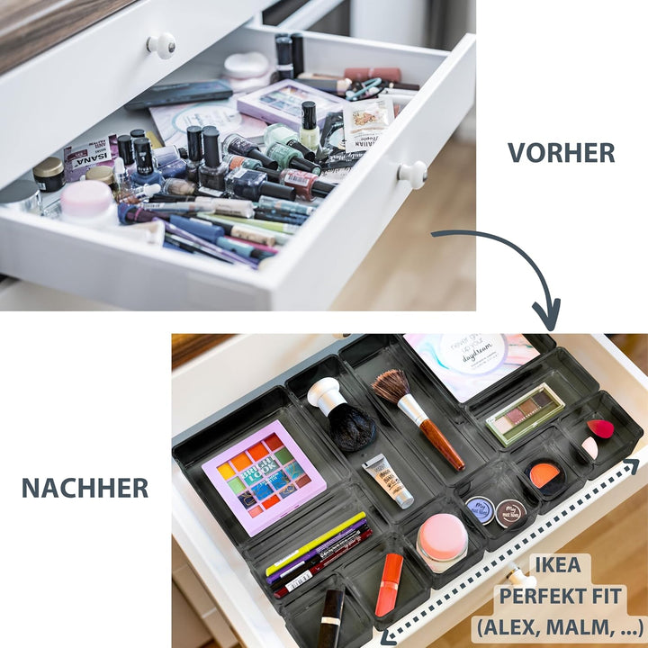 12 teilig schwarz + transparent Schubladen Organizer inkl. Antirutsch-Pads in 4 versch. Grössen | Sc