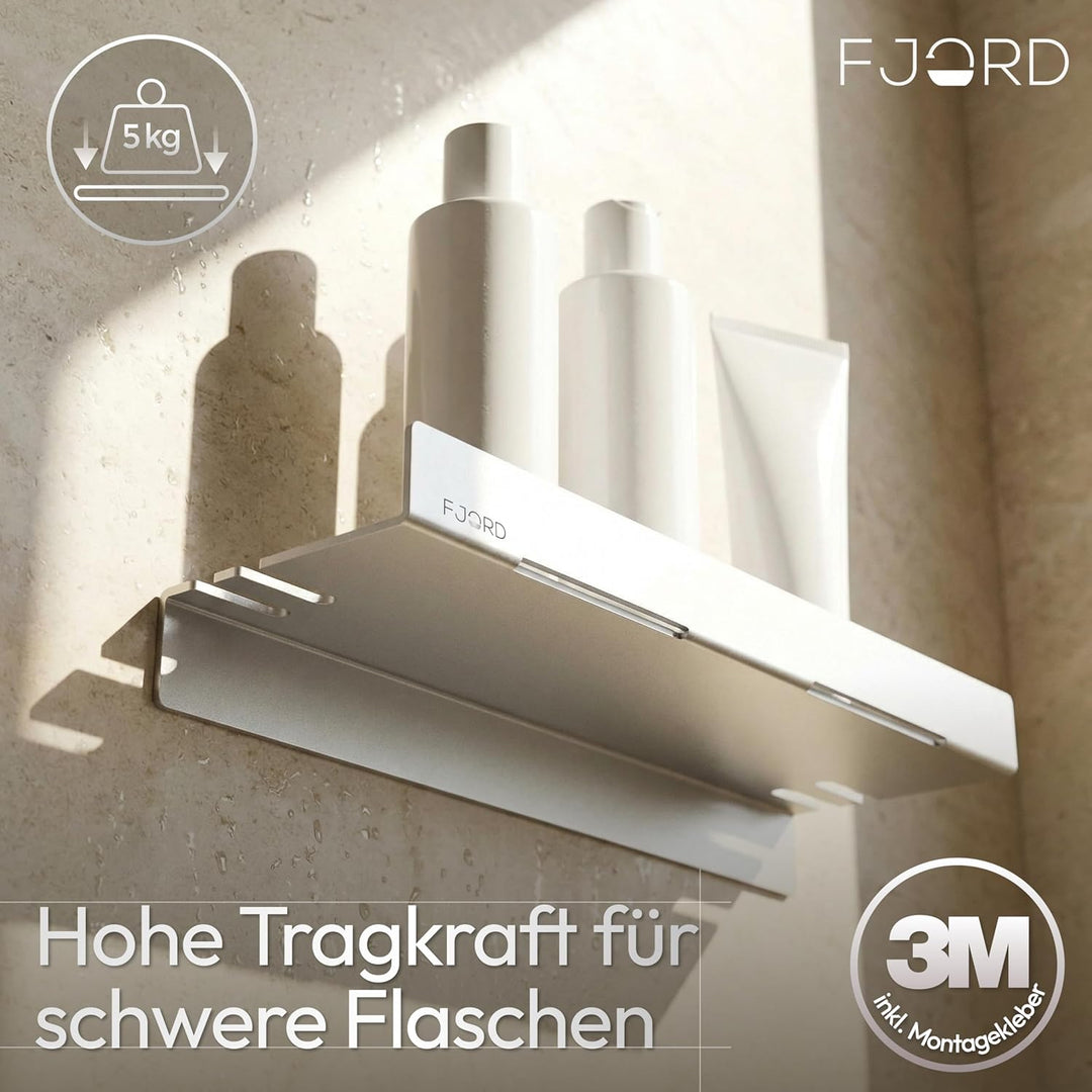 FJORD Flow Premium Duschablage ohne Bohren [Matt Silber] – Design Duschregal mit integriertem Rasier