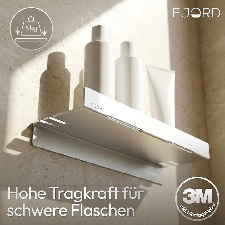 FJORD Flow Premium Duschablage ohne Bohren [Matt Silber] – Design Duschregal mit integriertem Rasier