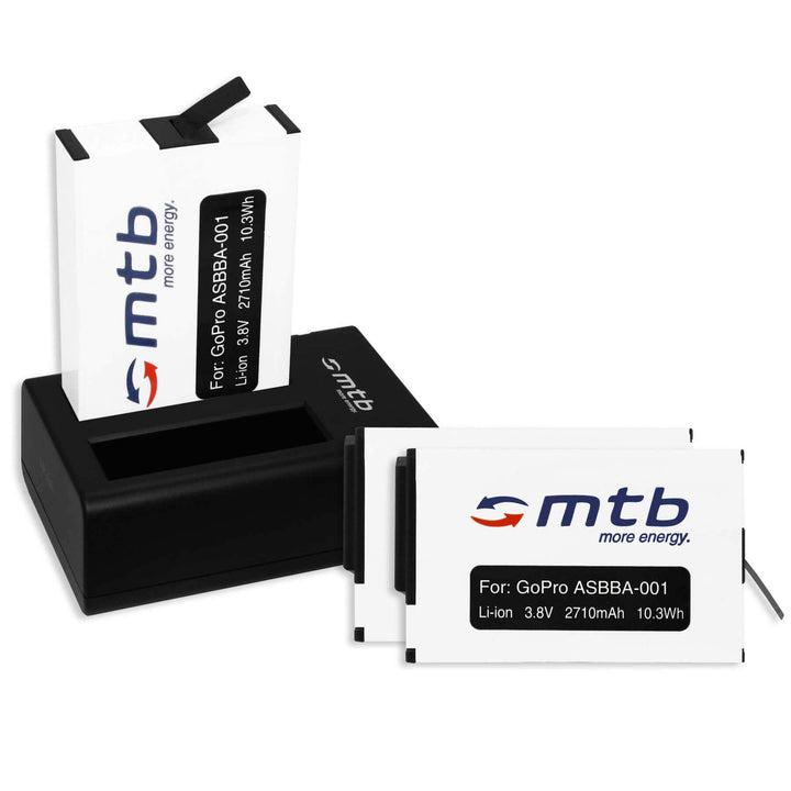 3 Akkus + Dual-Ladegerät (USB) für GoPro Fusion [ersetzt GoPro ASBBA-001/2710 mAh / 3.8V / Li-Ion] -