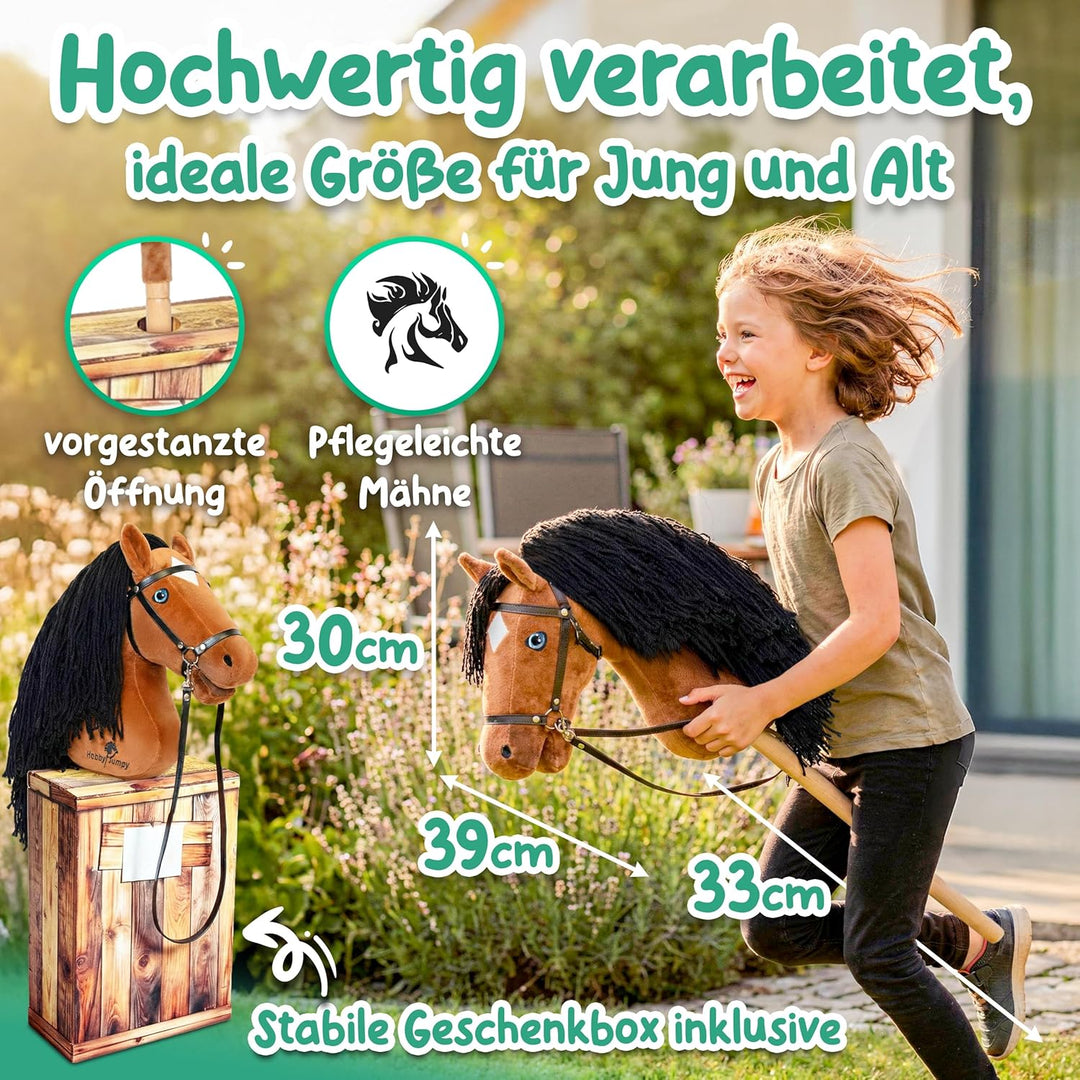 HobbyJumpy Neu Premium Hobby Horse,Steckenpferd,Stockpferd mit realistischen Augen & Stall‑Karton –