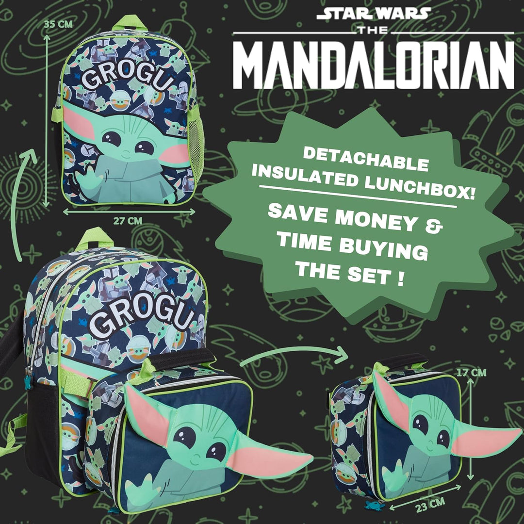 Rucksack mit Lunchtasche für Kinder, Motiv: Mandalorianer, Grogu Baby Yoda, passendes Schultaschen-S