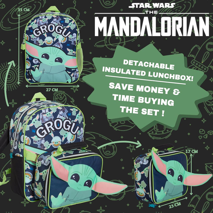Rucksack mit Lunchtasche für Kinder, Motiv: Mandalorianer, Grogu Baby Yoda, passendes Schultaschen-S