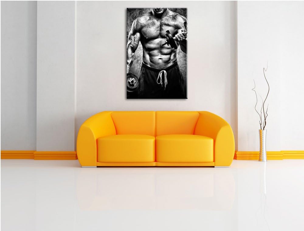 Pixxprint Starker Bodybuilder mit Hantel als Leinwandbild/Grösse: 100x70 / Wandbild/Kunstdruck/ferti