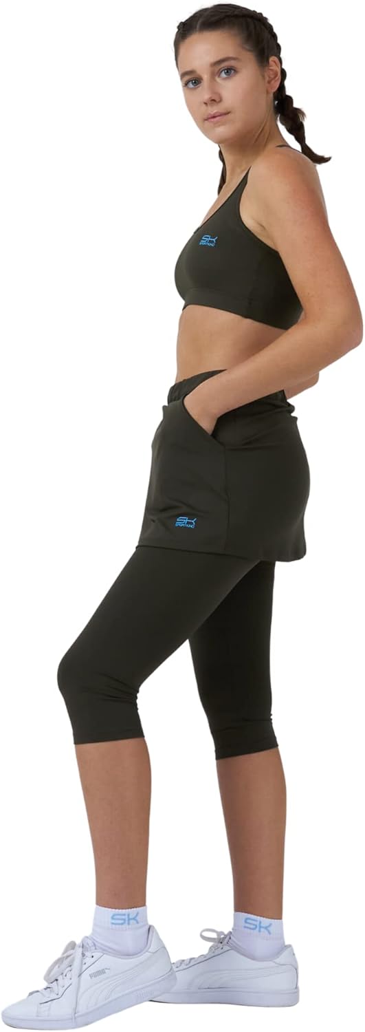 Sportkind Mädchen &amp; Damen 2-in-1 Tennisrock mit Taschen &amp; 3/4 Capri Leggings, Laufrock, Yogahose mit