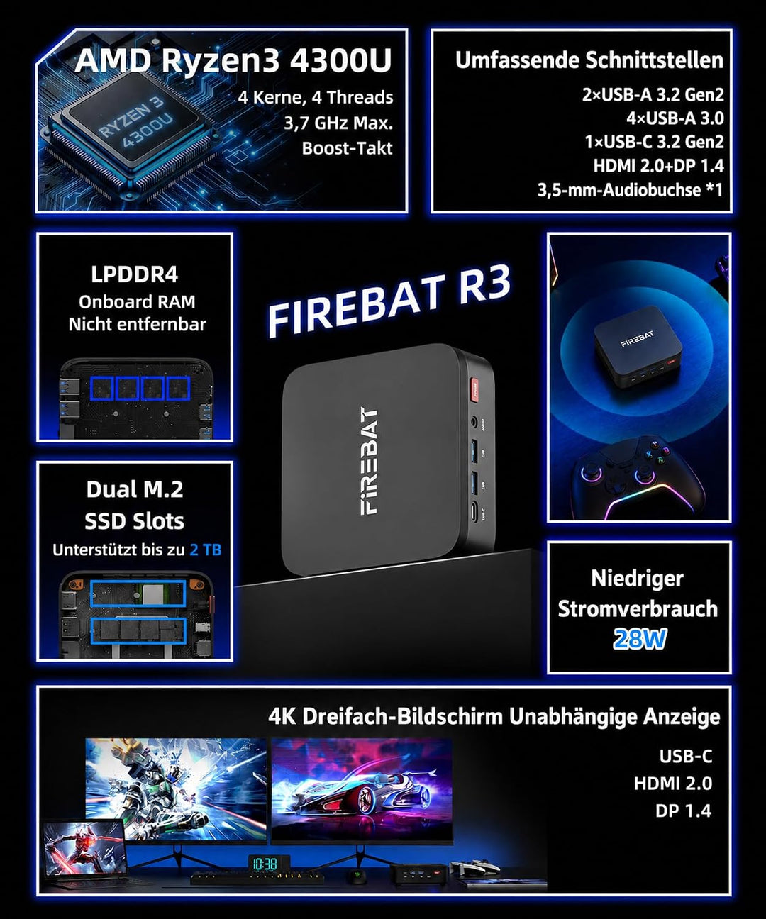 Ryzen 3 4300U Mini PC Onboard 16GB LPDDR4 RAM 512GB SSD, USB3.2 Gen2 Typ-C 4K 60Hz, HDMI 2.0 DP 1.4