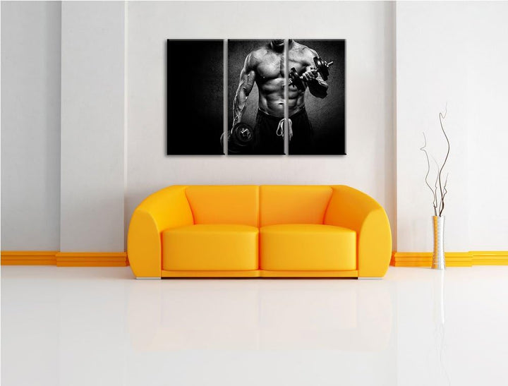 Dark Trainierender Bodybuilder schwarz/weiss 3-Teiler Leinwandbild 120x80 Bild auf Leinwand, XXL rie