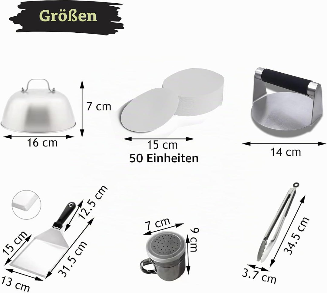 Smash Burgerpresse Edelstahl Set, Burgerpresse, Grillzange BBQ, Schmelzhaube Begiessdeckel, Burgerwe