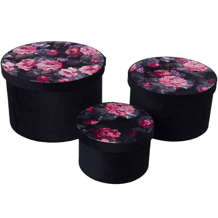 DRW Set mit 3 runden Boxen aus schwarzem Samt, Bedruckt mit Blumen, 30 x 20 cm, 26 x 16 cm und 20 x