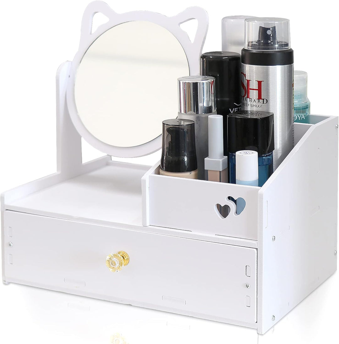 Cosmetic Organizer, Schminktisch Organizer mit Spiegel, White Desktop Kosmetik Organizer, Weiss Make