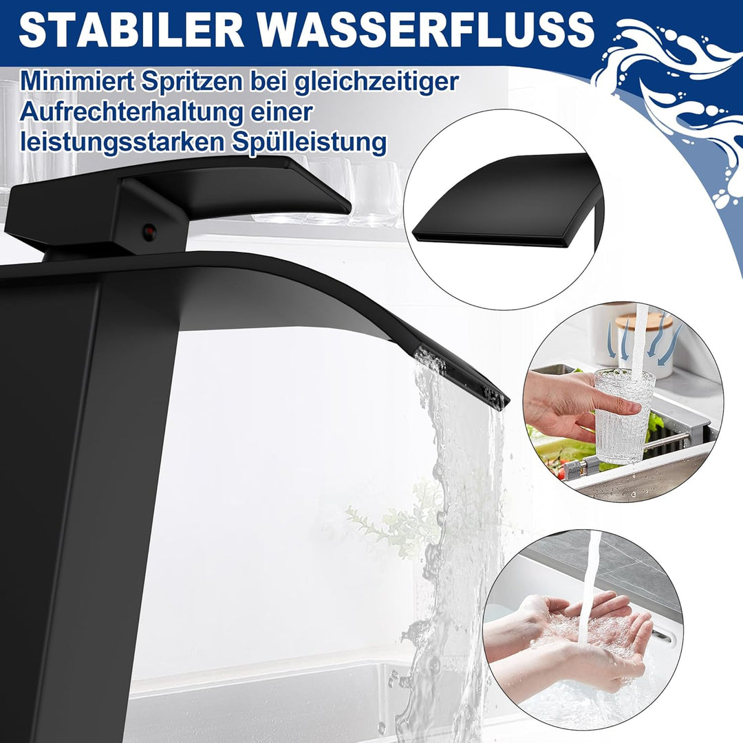 Wasserhahn Küche Schwarz Küchenarmatur mit Einhebelmischer Wasserfall Waschtischarmatur Spülenarmatu