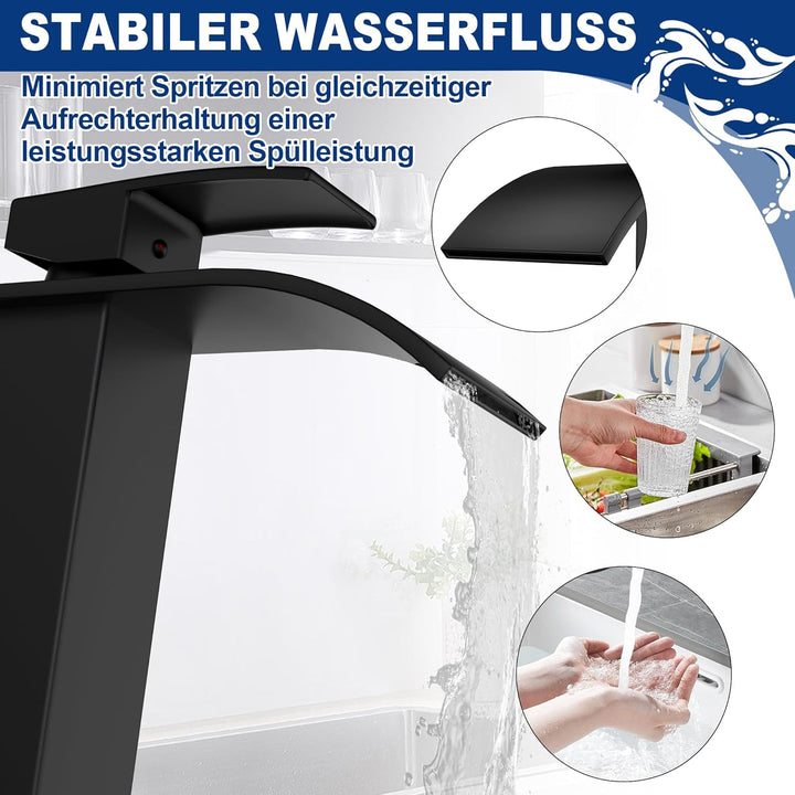 Wasserhahn Küche Schwarz Küchenarmatur mit Einhebelmischer Wasserfall Waschtischarmatur Spülenarmatu