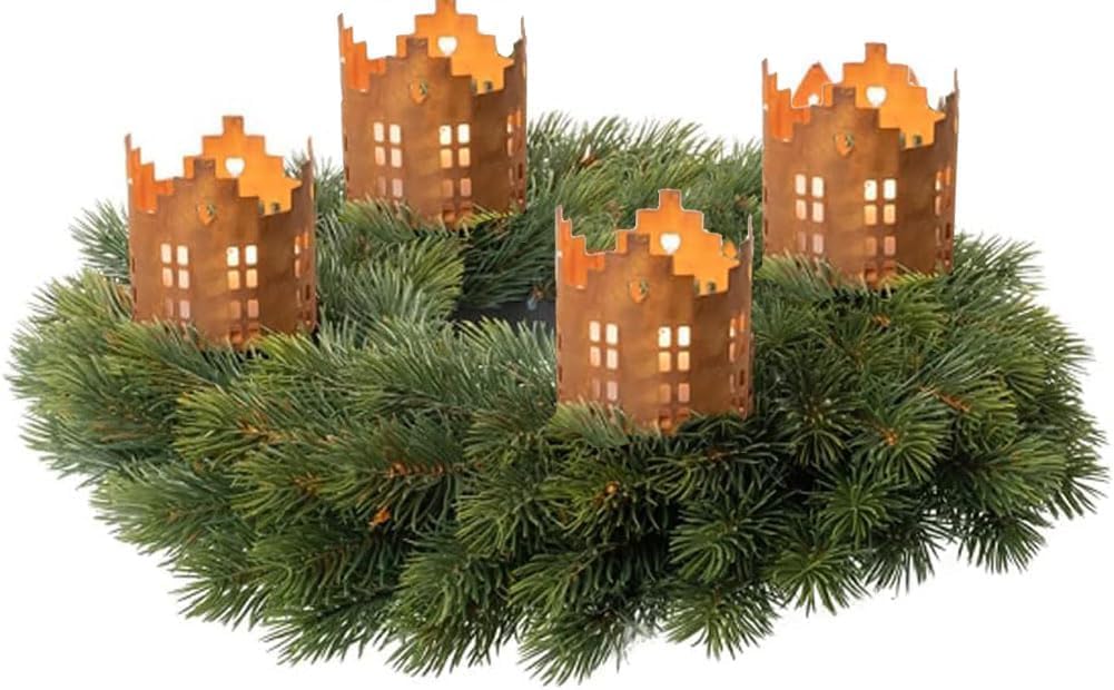 LB H&F 4er Set Adventskranzstecker HÄUSER Deko Kerzenhalter Advent Rost Metall Weihnachten KERZENSTE