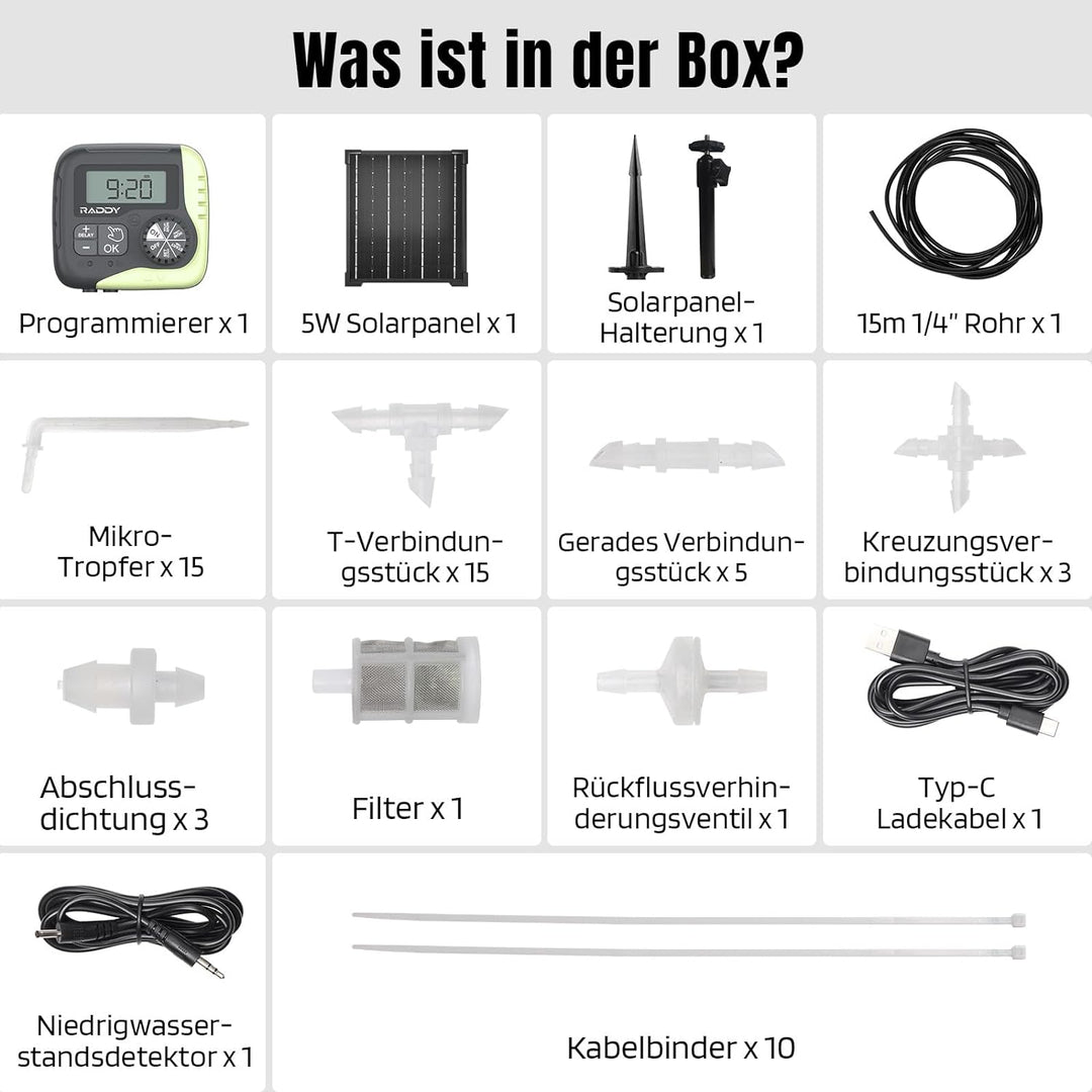 Raddy WS-1 Automatisches Bewässerungssystem, Solar-Drip-Bewässerungsset mit 2600mAh Batterie, progra