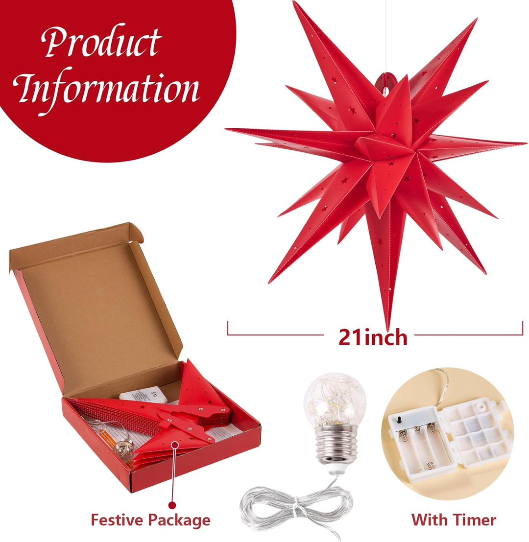 SUNBEAUTY Weihnachtsstern Beleuchtet Batterie mit Timer, 58CM Hängend Weihnachtsdeko Aussen Led Ster