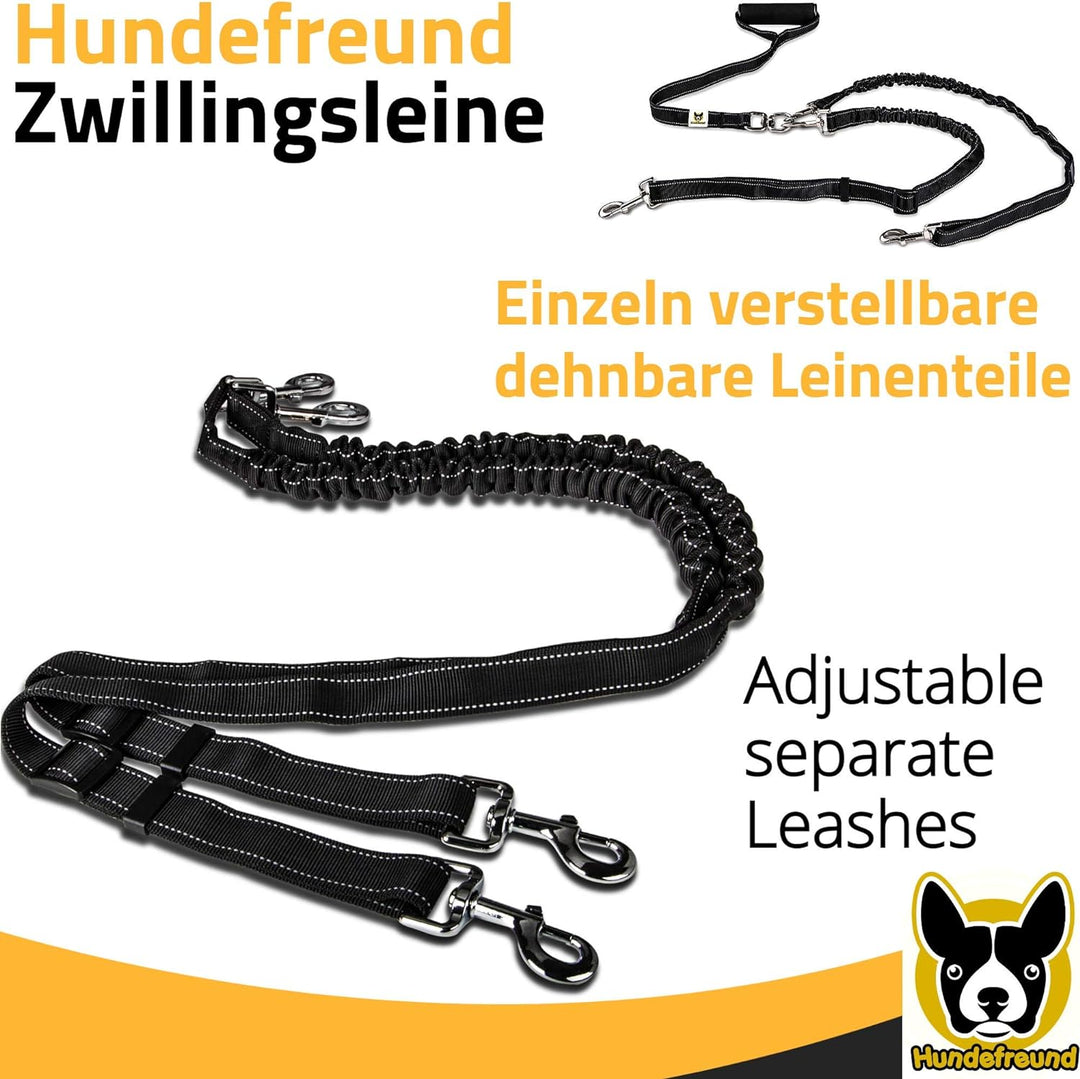 Zwillingsleine - Hundeleine für 2 grosse Hunde ab 20 kg - Doppelleine dehnbar reflektierend 150 bis