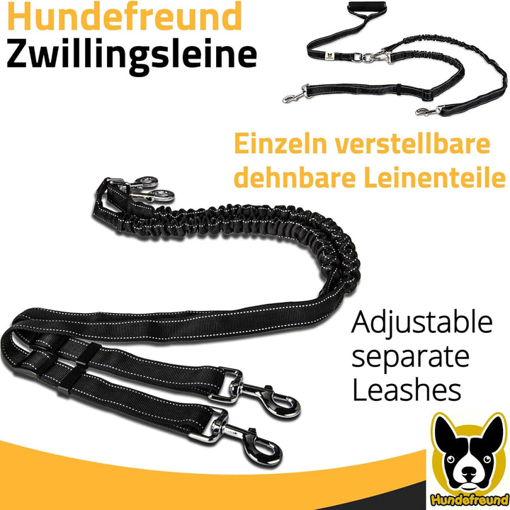 Zwillingsleine - Hundeleine für 2 grosse Hunde ab 20 kg - Doppelleine dehnbar reflektierend 150 bis