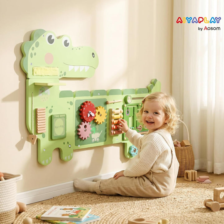 AIYAPLAY Montessori Motorikbrett Holz Busy Board Dinosaurier ab 2 Jahr | Wandmontiertes Activity Boa