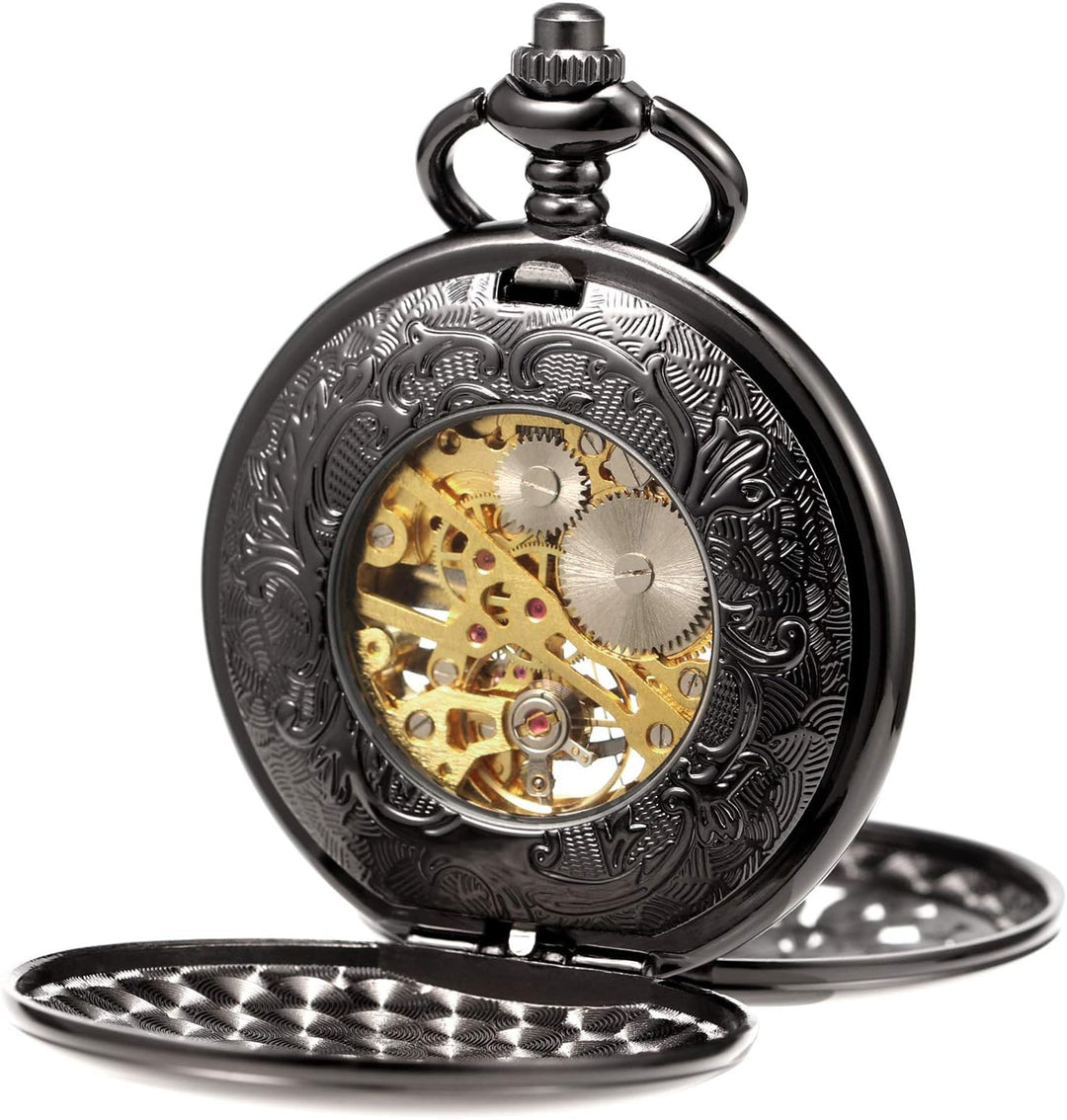 TREEWETO Unisex Taschenuhr mit Kette Analog Handaufzug Doppelscharnier Antik Drache Skelett Bronze 5