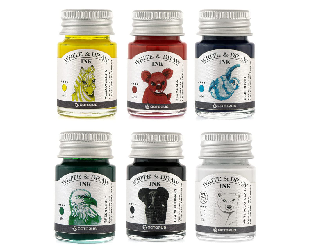 Octopus Write and Draw Ink Set BASIC BRIGHT, wasserfeste Tinte zum Schreiben und Zeichnen, Kalligrap