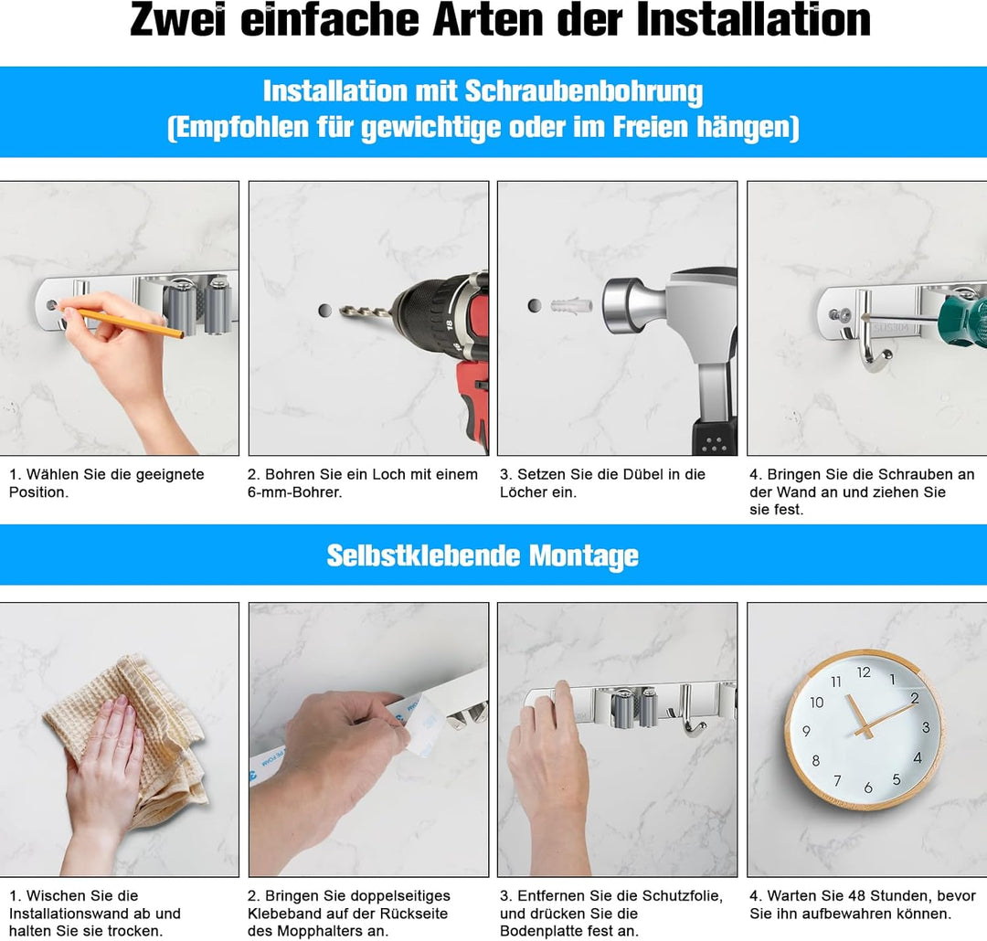 Besenhalterung Wand, Besenhalter Edelstahl, Gerätehalter Wandhalterung mit 6 Halter und 5 Haken, Bes