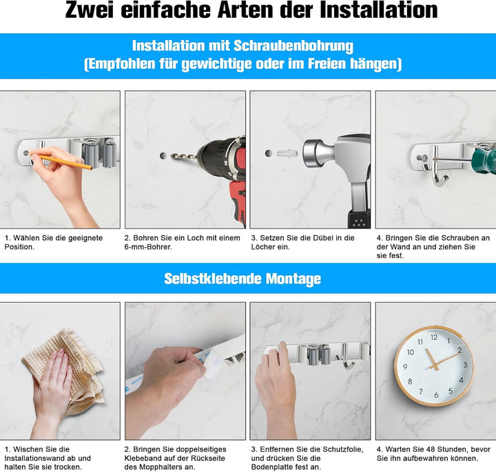 Besenhalterung Wand, Besenhalter Edelstahl, Gerätehalter Wandhalterung mit 6 Halter und 5 Haken, Bes