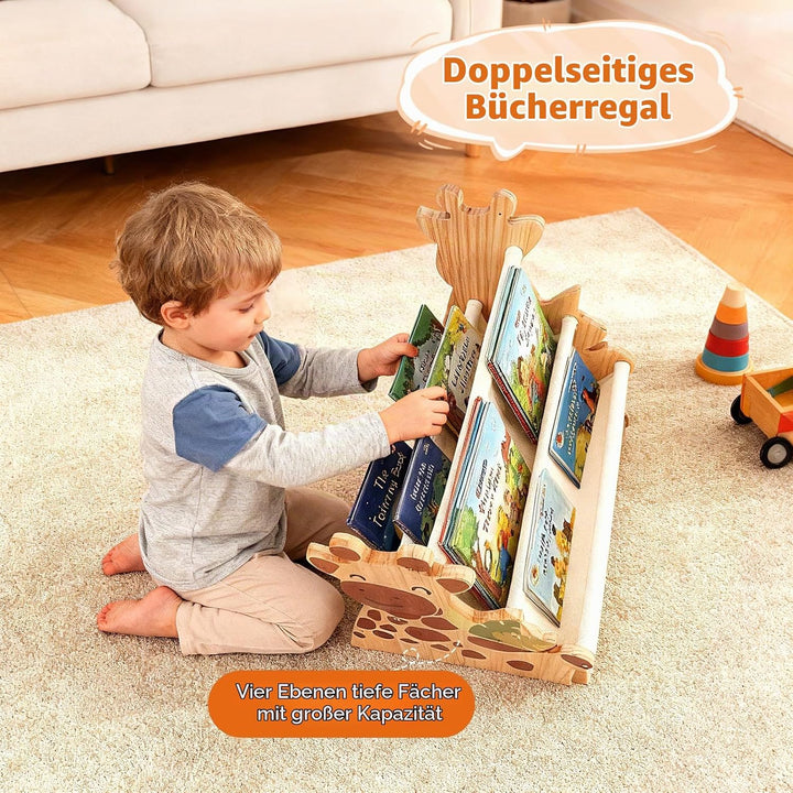 Bücherregal Kinder, Montessori Kinder Buchständer aus Holz mit 4 Ablagen, Kinderregal für Buchaufbew