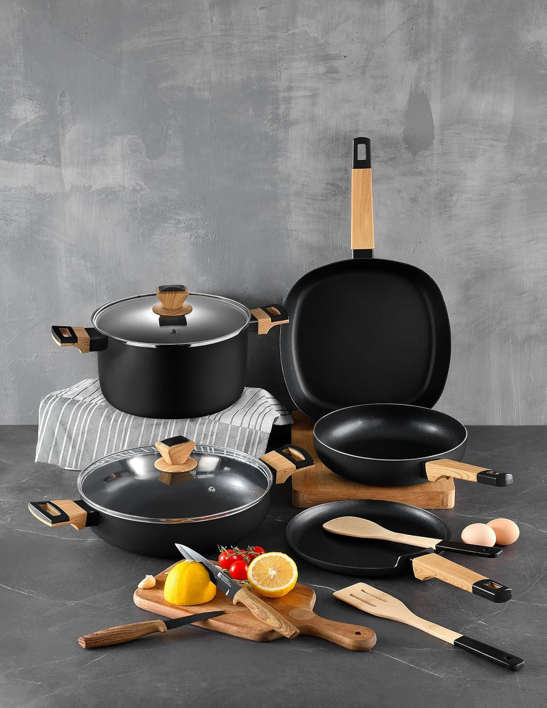 BERGNER EARTH BLACK - 7er-Set Aluminium-Presskochgeschirr - Induktion - ILAG Premium Antihaftbeschic
